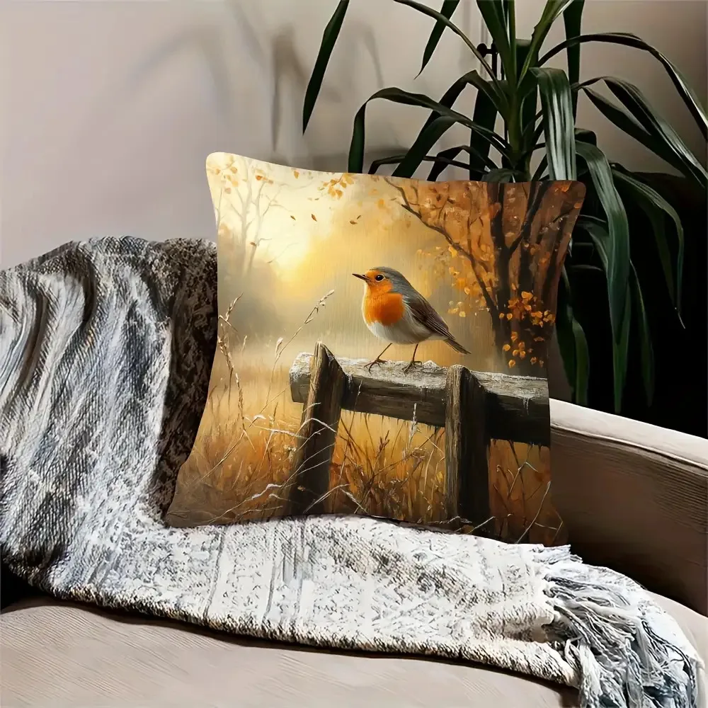 1pc Autumn Robin Bird On Fence Double‑Sided Print Pillow Cover, Cushion Case for Sofa Bedroom, Insert Not Included, Home Decor