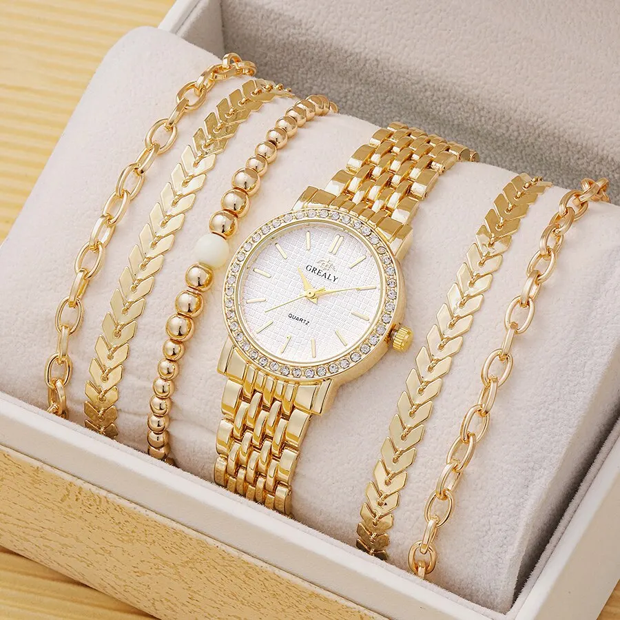 6pcs Dainty Quartz Watches Simple Bracelet Women Leisure Casual Round Pointer Rhinestone Dial Watch Wheat Bracelet Set