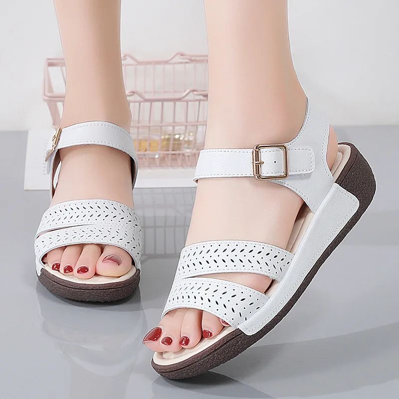 2024 Summer New Genuine Leather Wedges Women\'s Sandals Women Open Toe Lightweight Casual Non-slip Mum Shoes