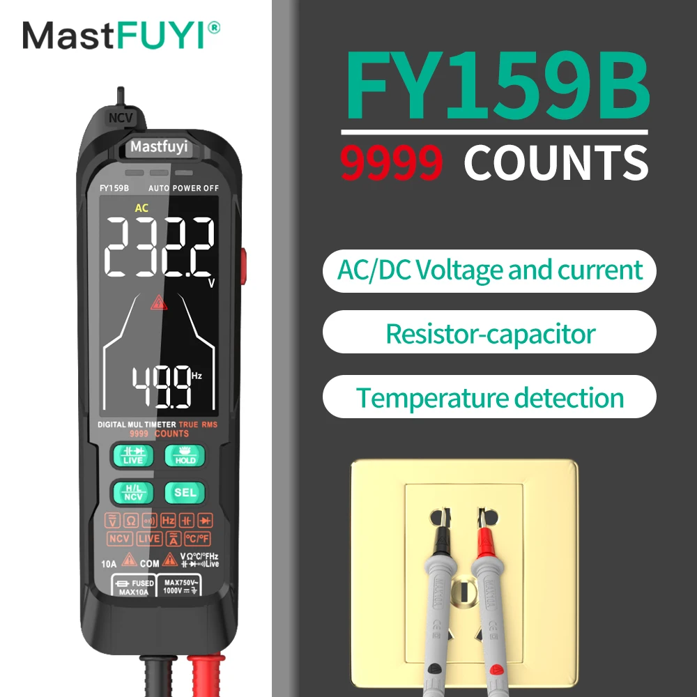 MASTFUYI 9999 Digital Multimeter Rechargeable with Temperature Measurement True RMS automatically measures voltage and current