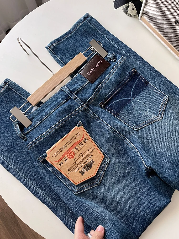 بنطلون نسائي ناعم مطاطي من أربع جهات بقصة ضيقة، جينز بطول تسعة أرباع، كاجوال ومتعدد الاستخدامات، وصول جديد للخريف