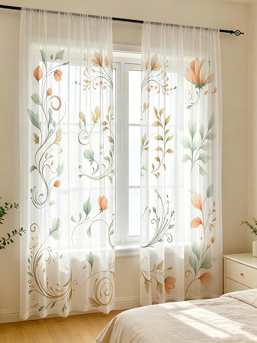 2PCS 디지털 프린트 시스루 커튼, 그린 오렌지 덩굴 - Home Decor Orange 리뷰 및 가격