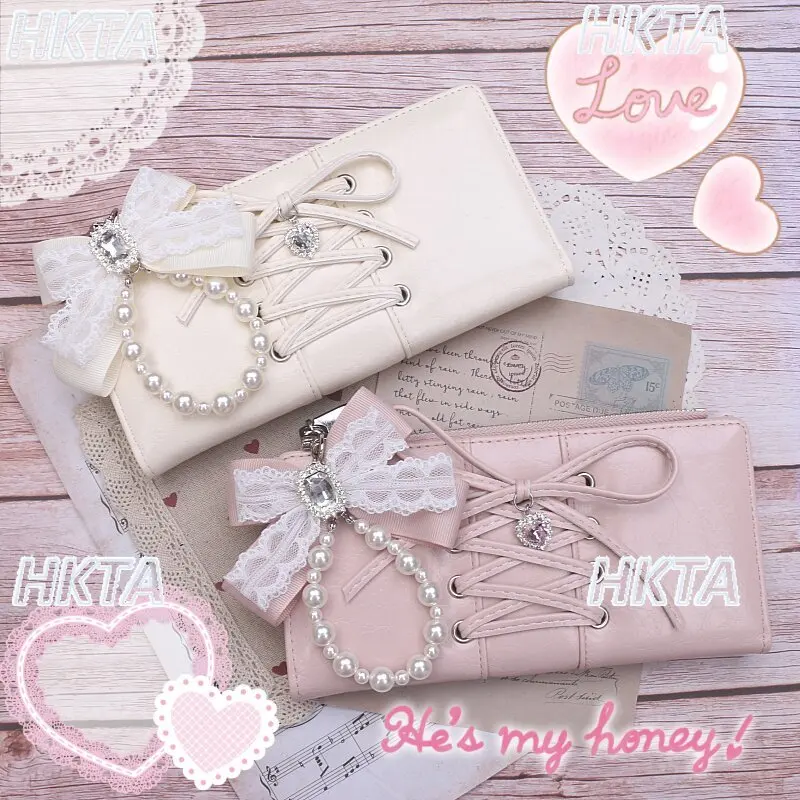Japanese-style Small Bag Sweet Cute Long Beaded Strap Bow Pendant Card Holder Large Capacity PU Leather Bag Clutch Wallet Girls