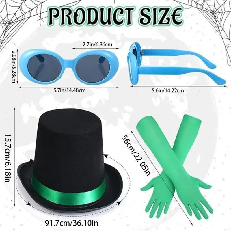 B95F 3 szt. Zielone akcesoria do kostiumów na Halloween postać z książki przebranie na karnawał cylinder okulary długie satynowe