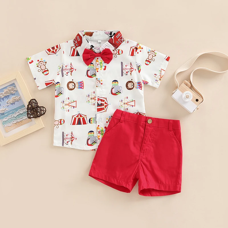 Toddler Kids Boys 2 Pieces Outfits Farm/Circus Cartoon Animal Print Short Sleeve Shirts with Bow Tie + Solid Color Shorts Set