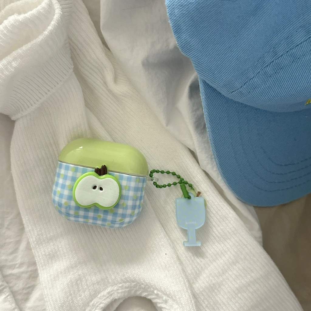 Lindo patrón de rejilla fresca estereoscópico taza de manzana verde con colgante a prueba de golpes funda para auriculares para AirPods 1 o 2 3 4 Pro 2