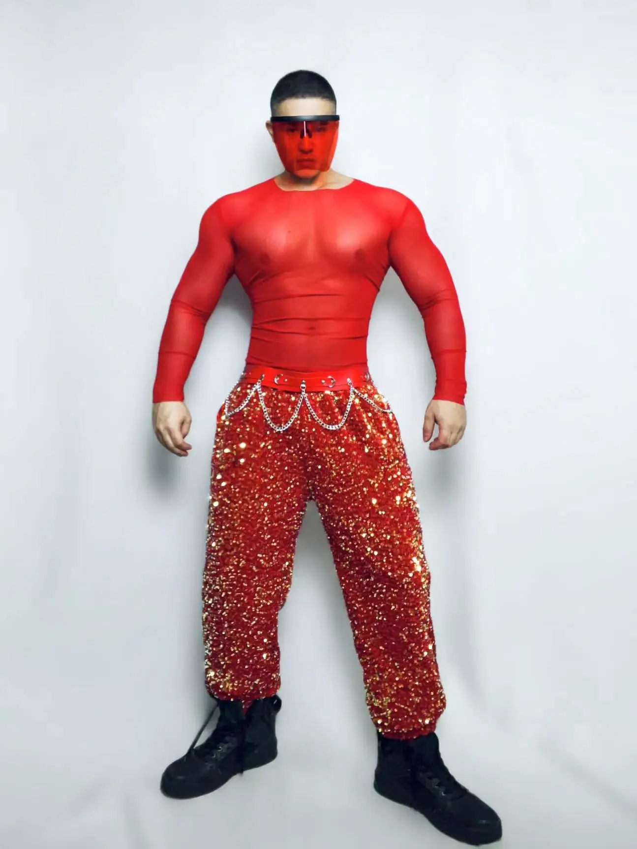 Male Gogo Dancer Clothes Hip Hop Jazz Dance Red Tops Sequins Pants Christmas Rave Outfit Nightclub Muscle Man Dancewear