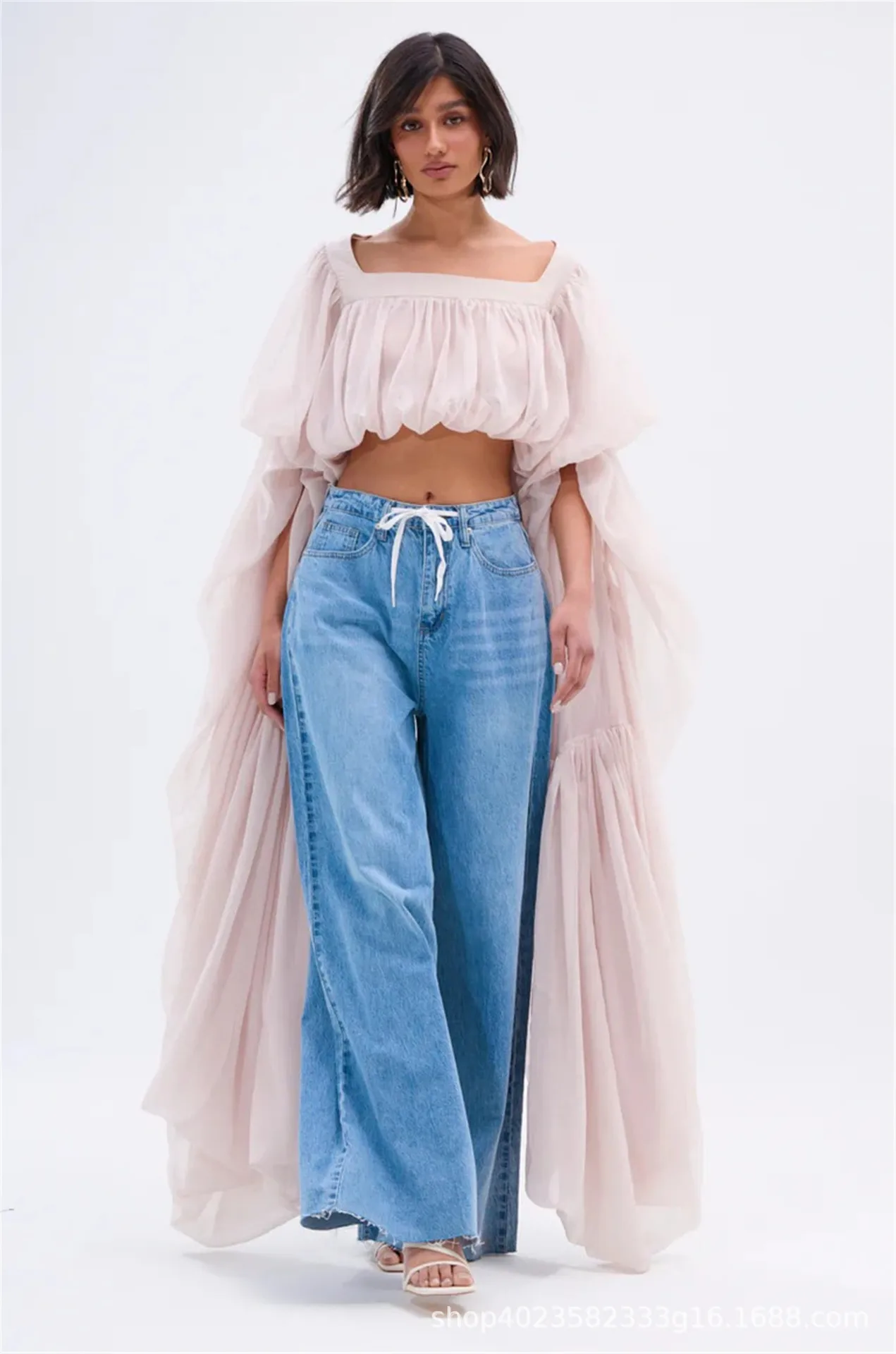 Square Neck Flowy Tunic Blouse Batwing Long Ruffle Maxi Cape Sleeve Loose Chiffon Blouse Women Boho Casual Elegant Flowy Shirt