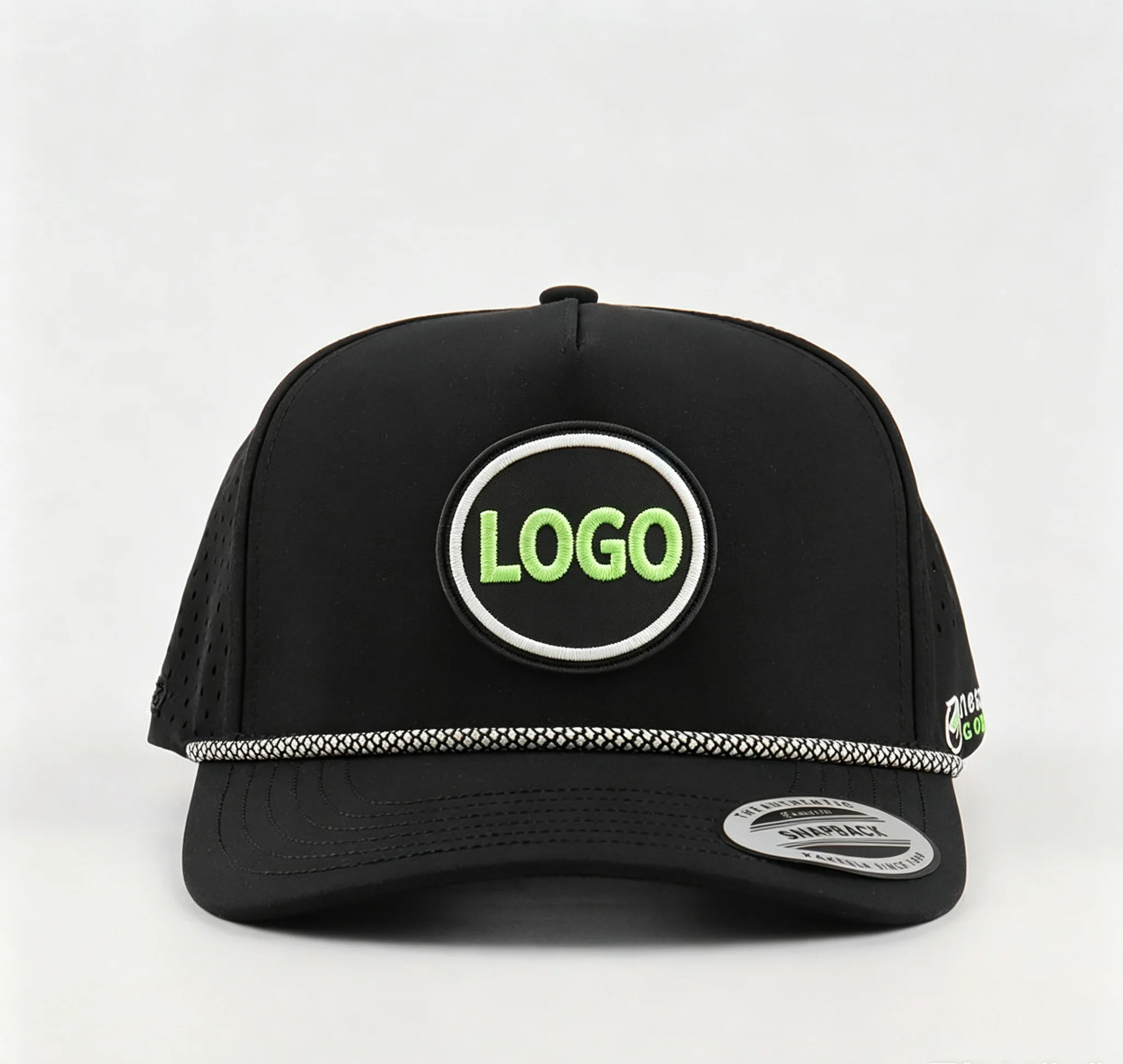 High-Quality Men's 5-Panel Snapback Golf Cap Waterproof Performance Sports Baseball Cap with Custom PVC Logo Laser-Cut Rope Deta
