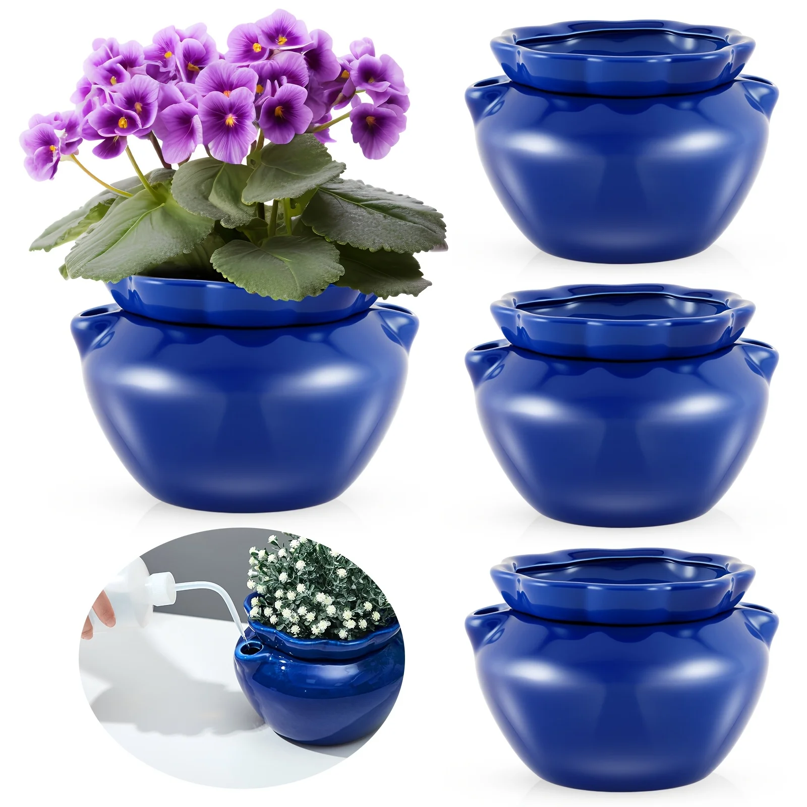 

Set of 4 Self-Watering Ceramic Pots for African Violets, Each 6 Inches in Size, Perfect for Indoor Use And Ideal for Flower Enthusiasts Looking to Maintain Thriving Plants. Gardening Gift Home Decor