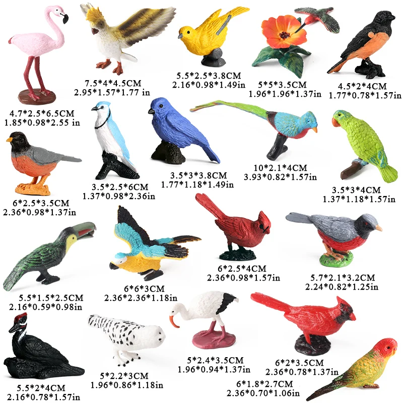 19pcs Mini Bird Figurines Birds Cake Topper Decoration Oriole Robin Cardinal Toucan Parrot Flamingo Model Animal Figure Kid Gift