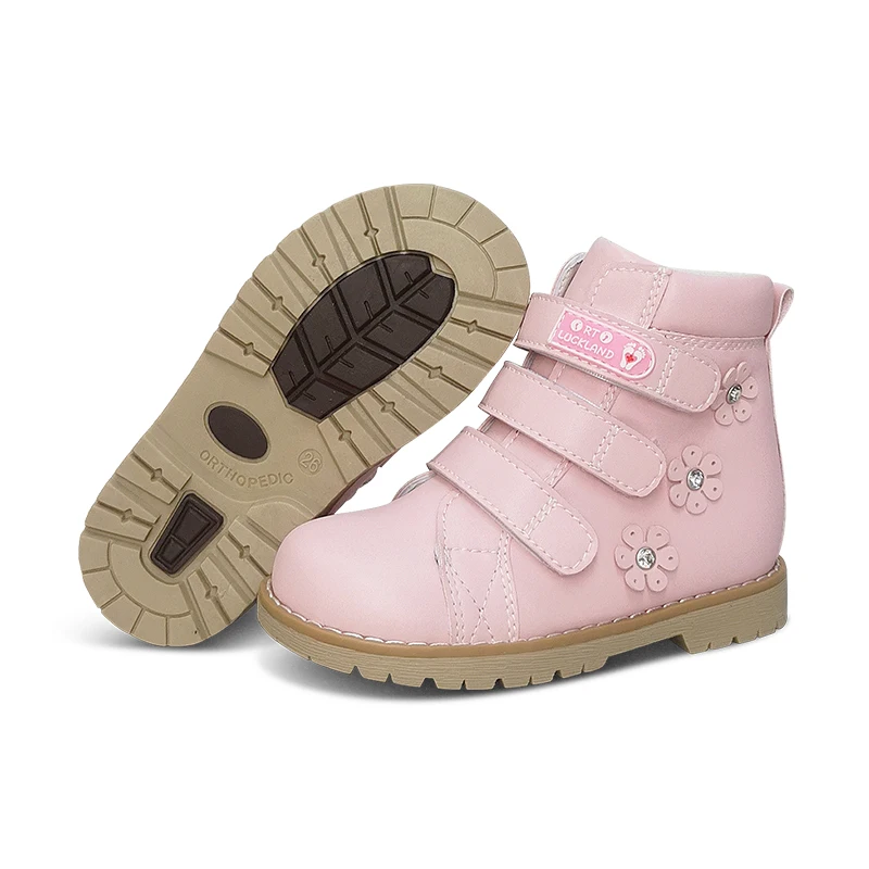 Children Pink Shoes Orthopedic Boots For Kids Winter Luxury Ankle Booties With Rhinestone Flower Leather Orthotics Footwear