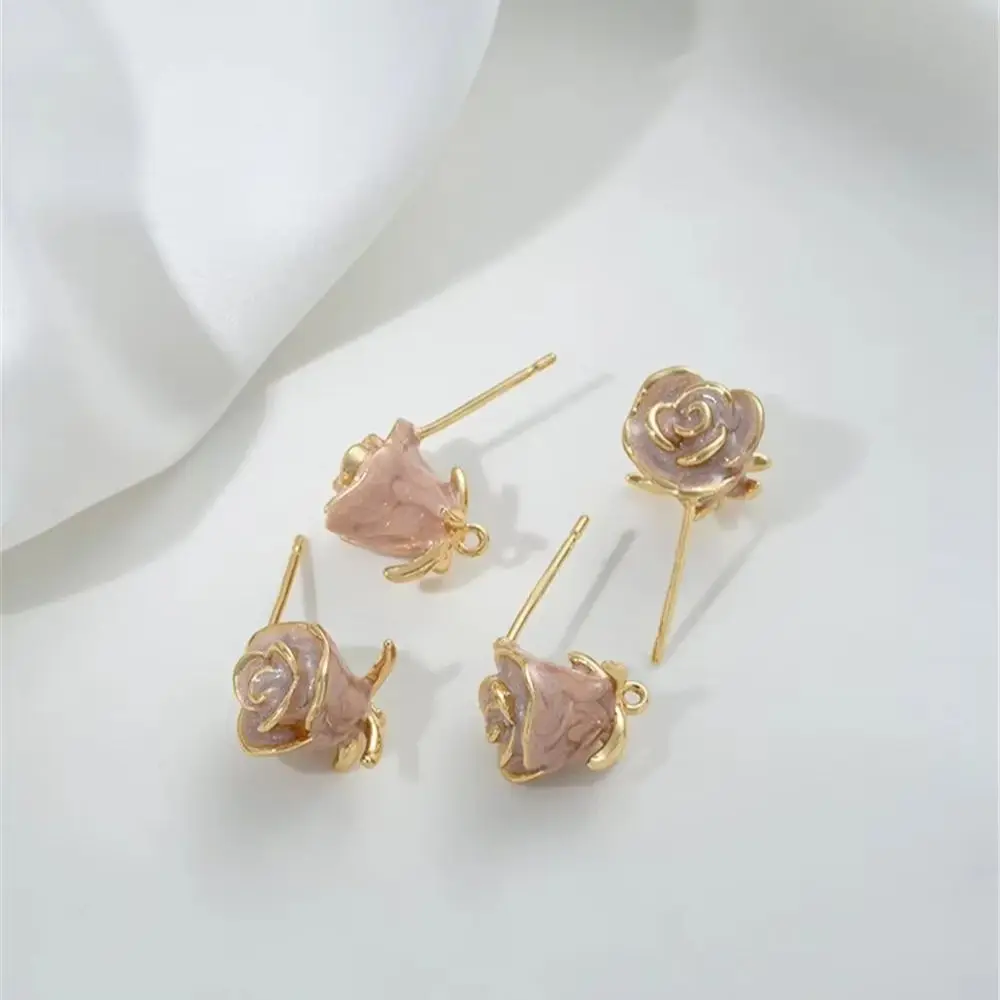 14K Gold-Color Stud Earrings with Silver Pin, Dripping Oil, Pink Rose, Jewelry Material, DIY, Hand-made