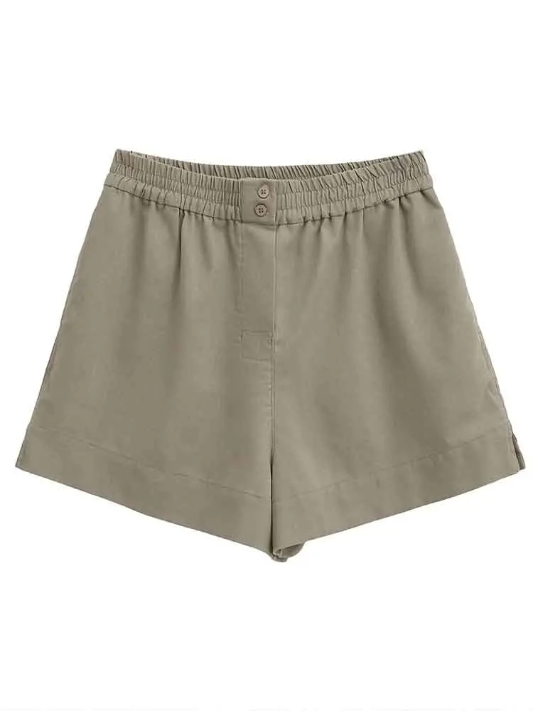 

European style new women's fashion versatile temperament simple solid color linen mid-waist casual shorts