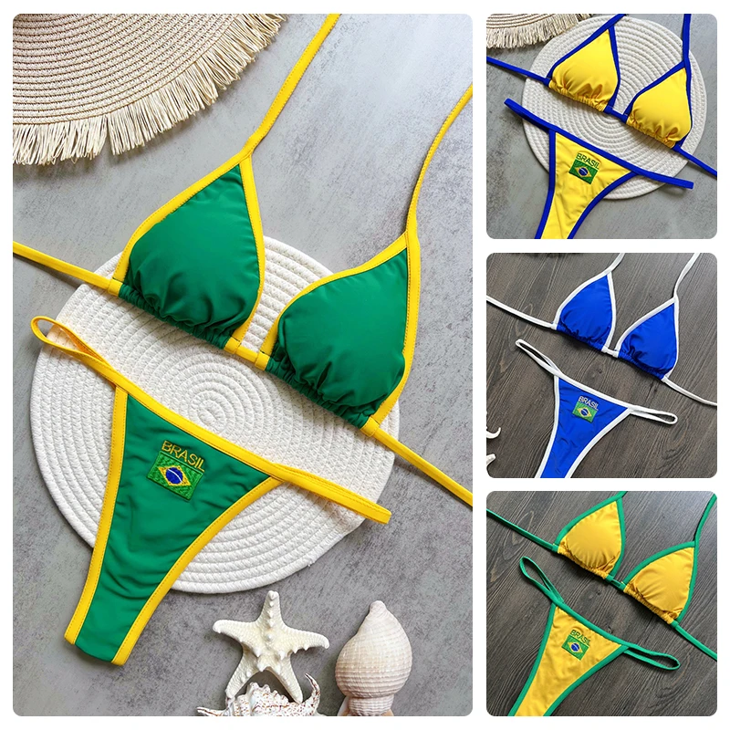 

Aoaiiys Brasil Flag Bikini Set Women Swimwear Contrast Split Sexy Embroidery Patchwork Swimsuit Hottie Outfit Summer Beachwear