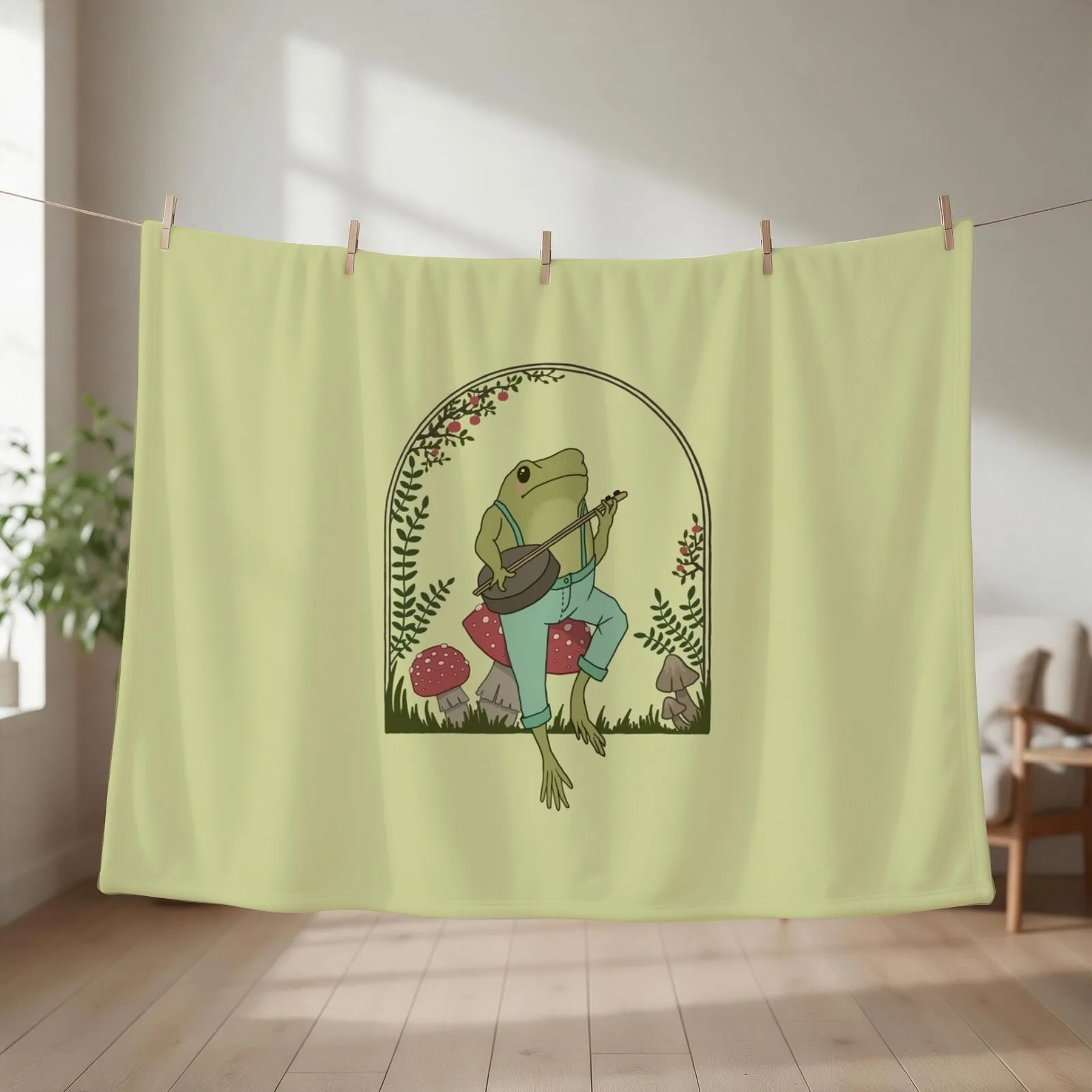 Cottagecore Aesthetic Frog Playing Banjo on Mushroom Cute Vintage - Goblincore Farmer Toad in Garden - Dark Academ Throw Blanket