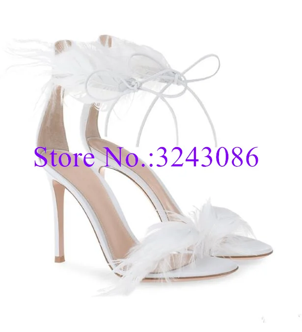 Sexy Black Feather Woman Sandals Fashion Peep Toe Lace-up Thin Heel Pumps Party Shoes Lady Popular Banquet Shoes High Heels