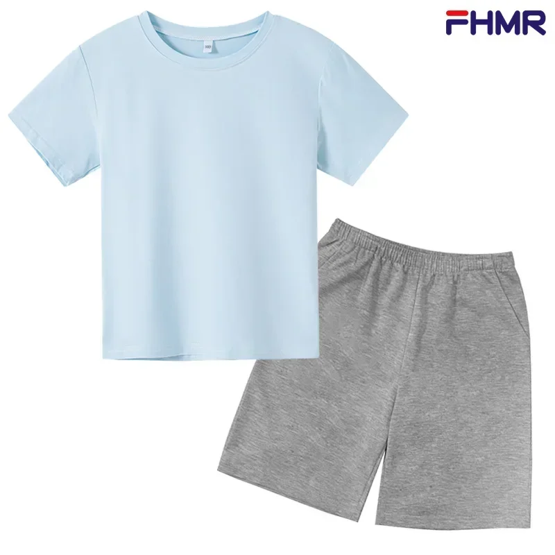 Children's T-shirt suitable for casual short sleeved clothing for boys and girls aged 2-12. Solid color summer T-shirt top+short