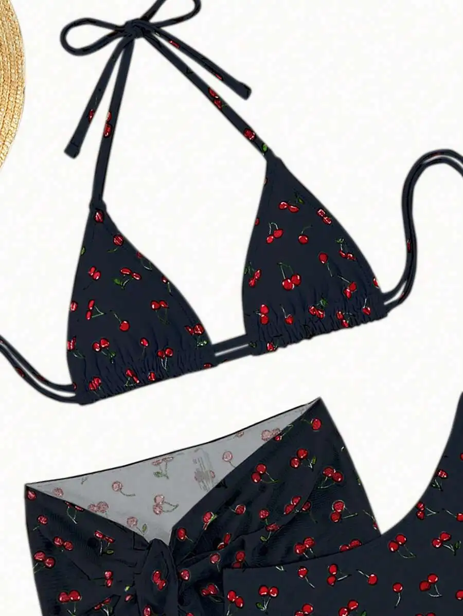 

Cherry Print Halter Triangle Bikini Set With Beach Skirt