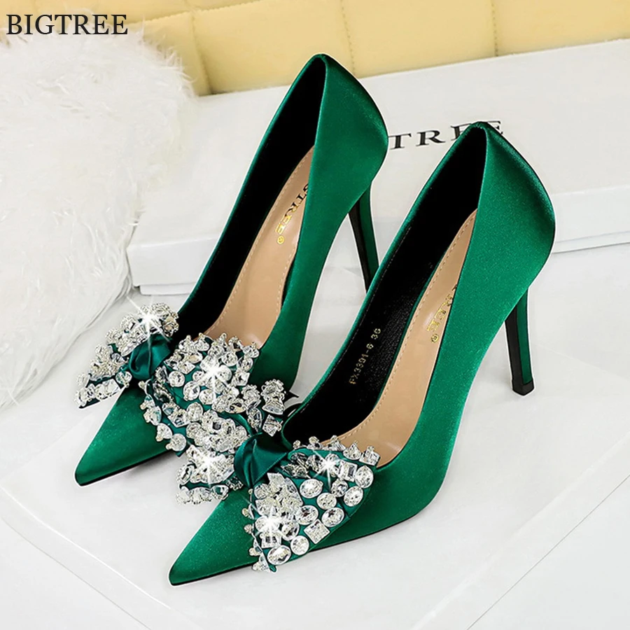 

Large Size 34-43 Crystal Bowknot Fashion Women Pumps High Heels Green Pink Silk Wedding Autumn Pointed Toe 10CM thin Dress Shoes