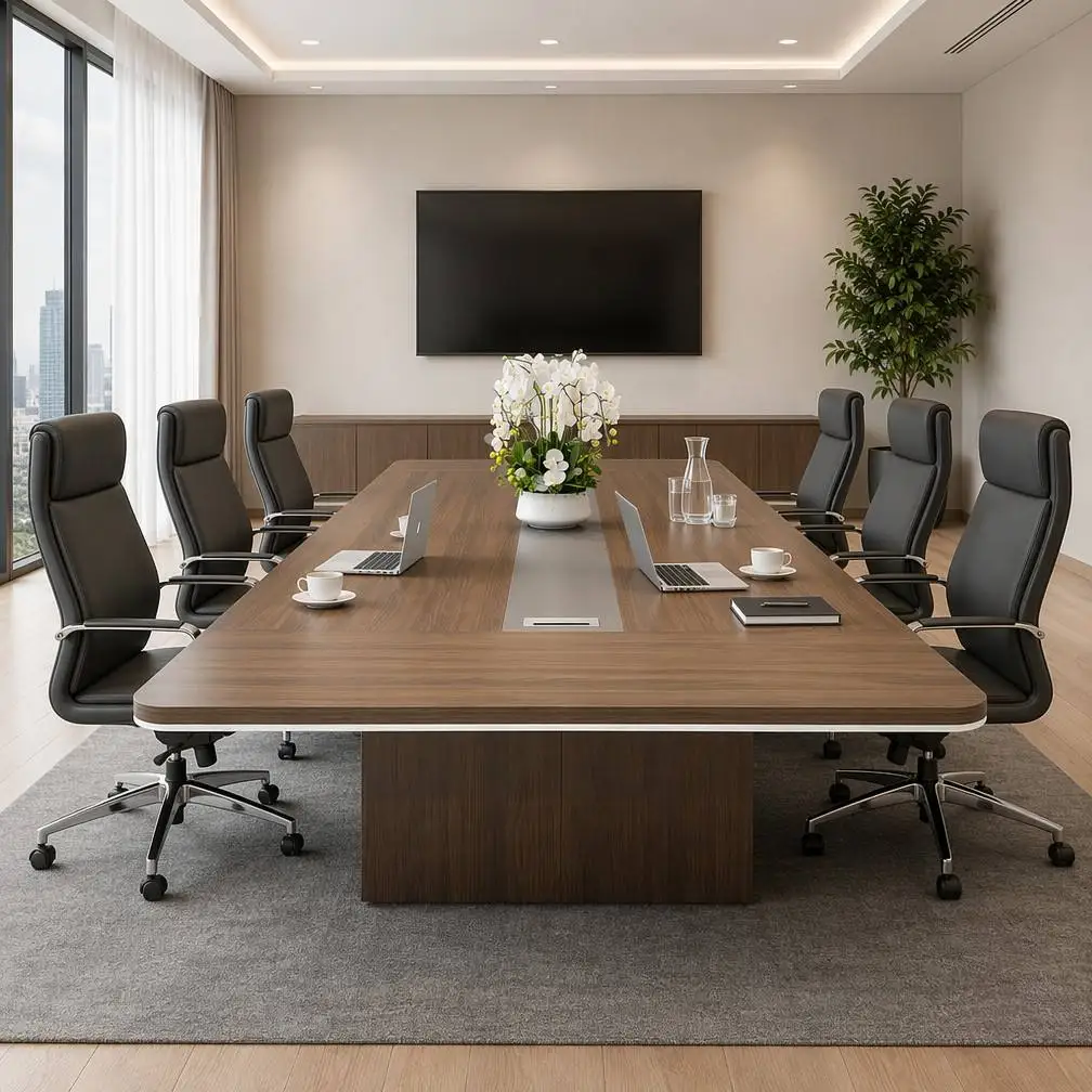 MDF Conference Table With Contemporary Design Pedestal Base Power Data Port Cable Tray For Home Office-Modular & Eco-Friendly