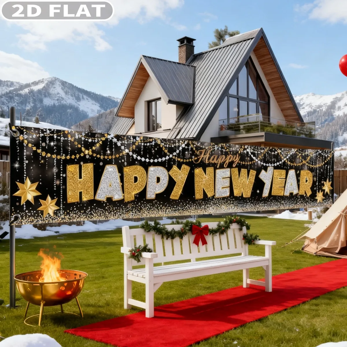 2D شقة 1 قطعة سنة جديدة سعيدة استوديو الدعائم البوليستر راية 2026-السنة الجديدة ساحة تسجيل للزينة NYE 2026 | ديكور السنة الجديدة #1