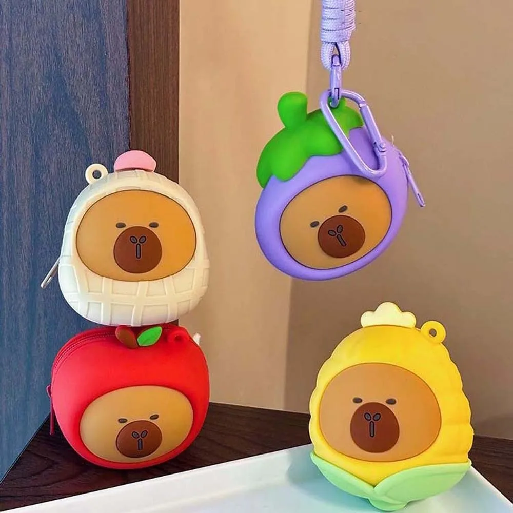 Portable Vegetable Capybara Pouch Cartoon Waterproof Hanging Rope Storage Bag Mini Creative Round Silicone Coin Purse Couple