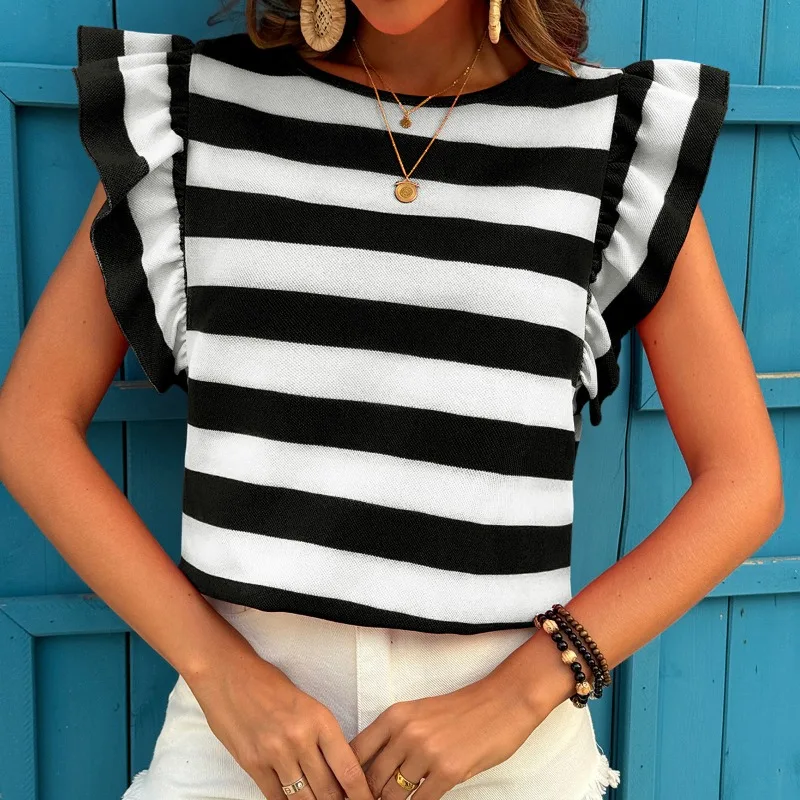 2023 sommer Gestreiften Patchwork Rüschen Colorblock Casual T Shirt Frauen O Hals Ärmel Schlank Vielseitig Hipster Street Tees