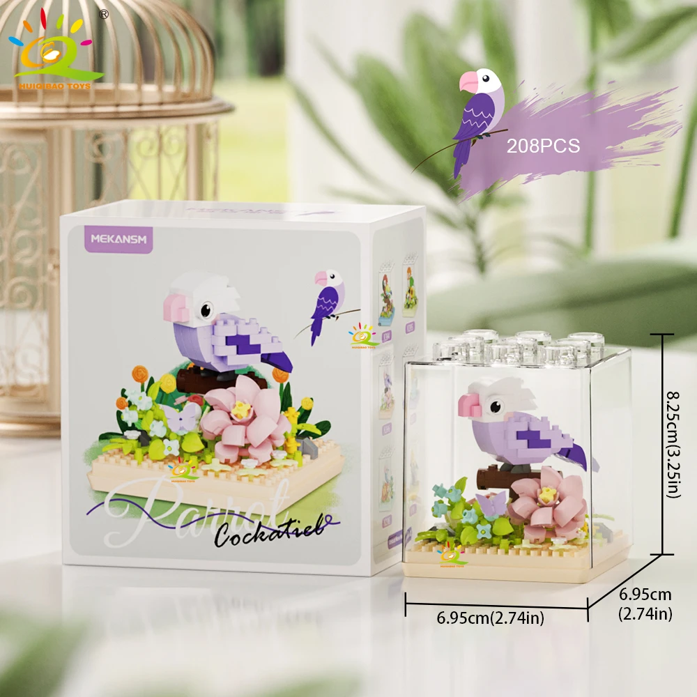 HUIQIBAO MOC Papagei Vogel Blume mit Display Box Micro Baustein Mini Diamant Modell Ziegel Spielzeug für Kinder Schreibtisch Dekor. – Detail 14