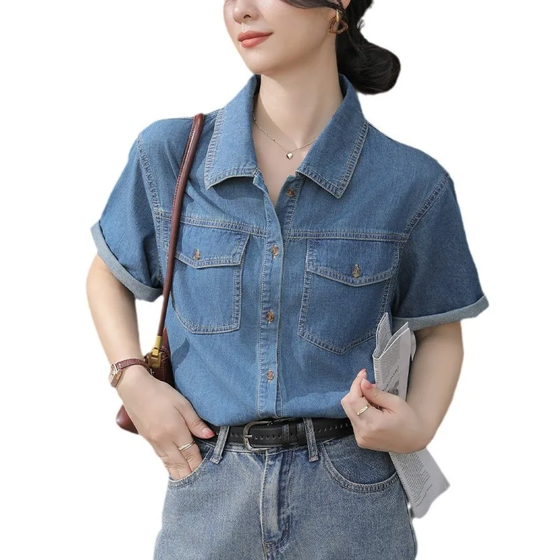 French retro denim short sleeved shirt for women's summer new fashionable and casual design niche small stature temperament top