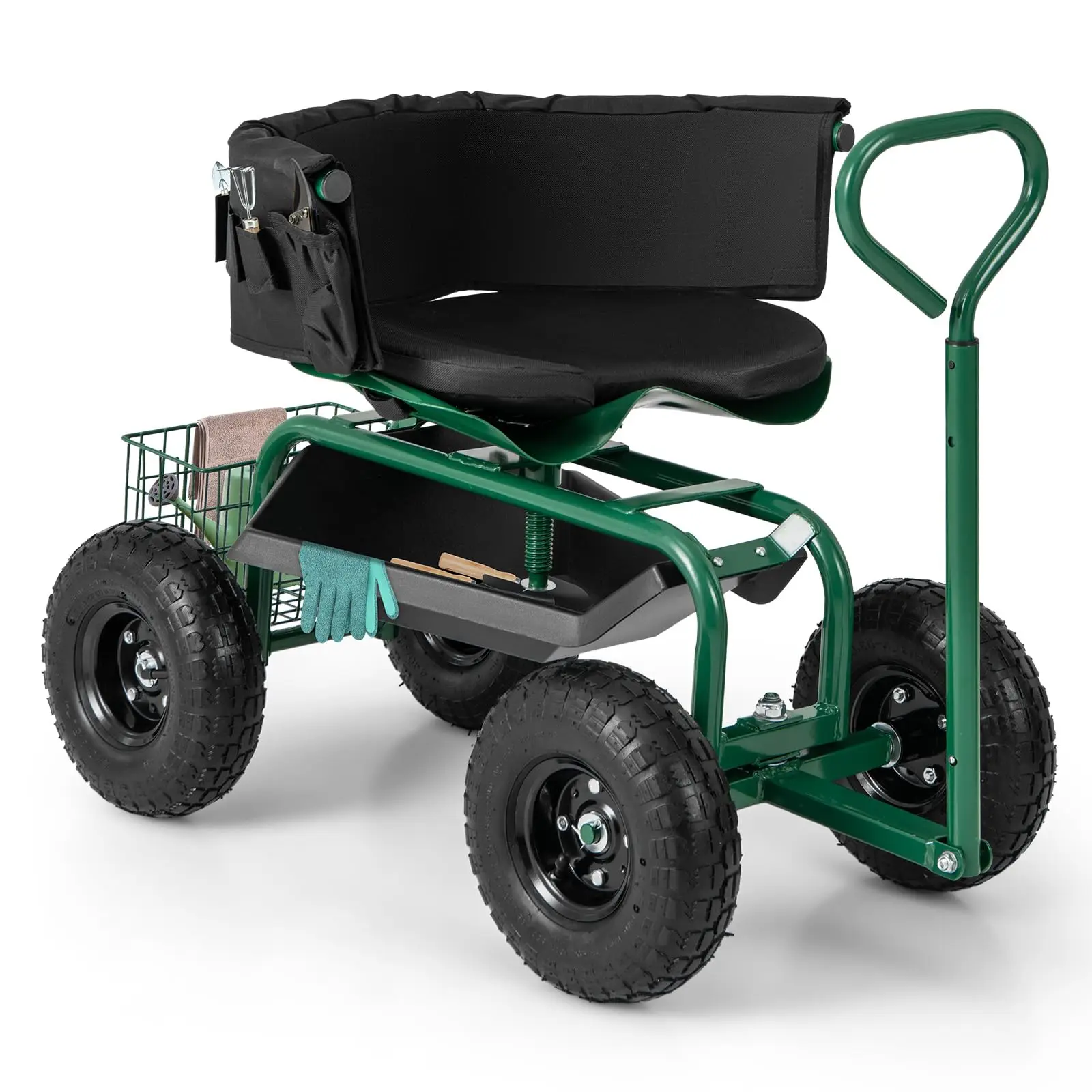 Garden Cart with Seat, Heavy-Duty Rolling Wagon Scooter with Wheels, Height Adjustable & 360° Swivel Seat, Storage