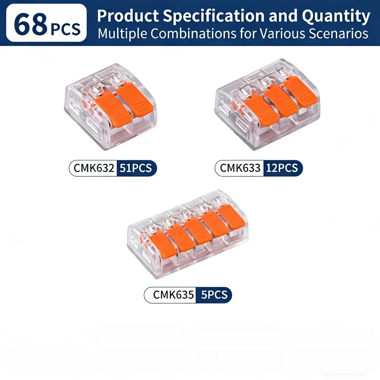 JINH 68Pcs Lever Quick Parallel Connector CMK 63 Kit Electrical Compact Splicing Wiring Terminal Block Easy for Installation