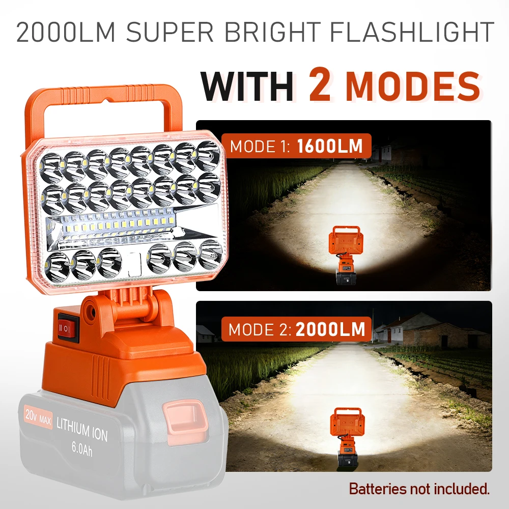 

Светодиодный фонарь 2000LM 18W для Black&Decker 20V, рабочий фонарь с USB-портом для кемпинга и экстренных ситуаций (батарея в комплект не входит)