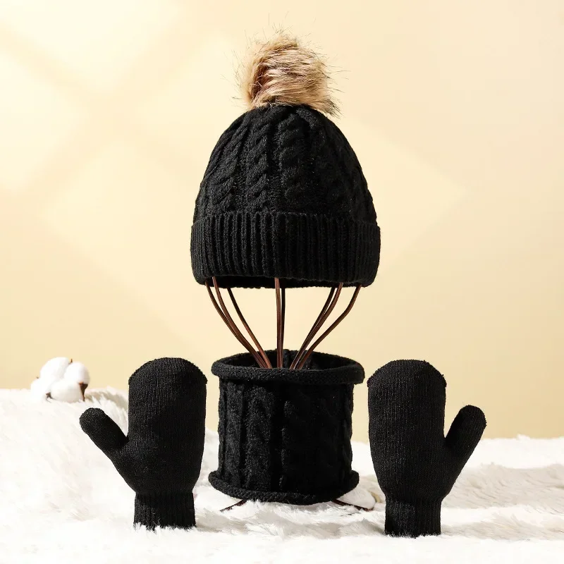 3Pcs Baby Knit Gloves Hat Set Solid Color Autumn Winter Knitted Hats with Pom Pom Toddler Beanie Cap for Girls Boys Outdoor