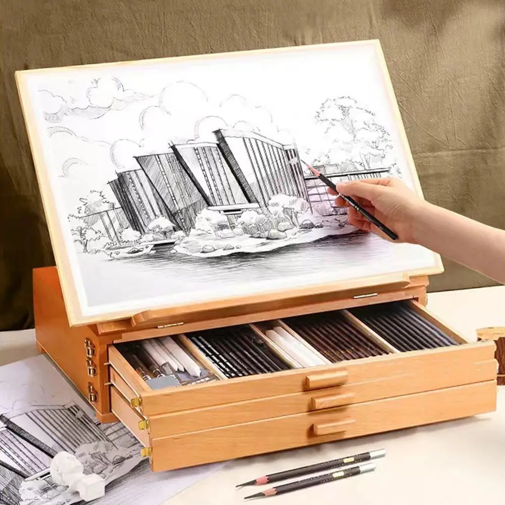 Adjustable Beech Wooden Table Easel Professional Multifunction Art Painting Easel Box Folding Oil Paint Sketch Drawer Box