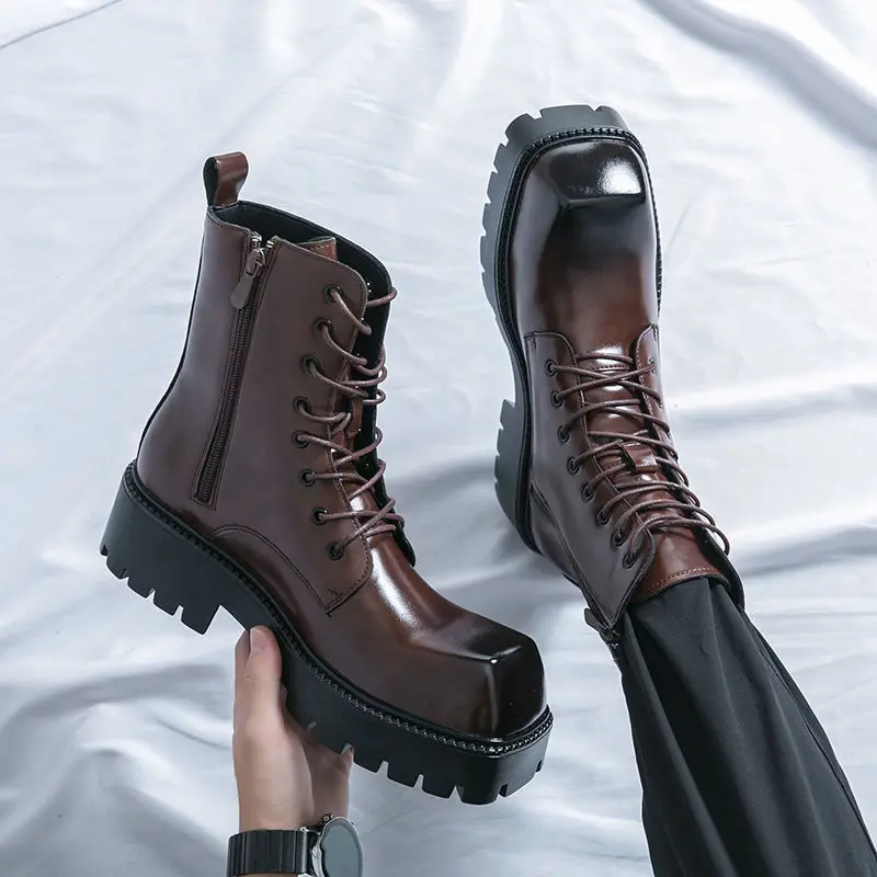 2025 Spring and Autumn Motorcycle Men British Style Side Zipper Thick-Soled Casual High-Top Leather Mid-Calf Work Boots