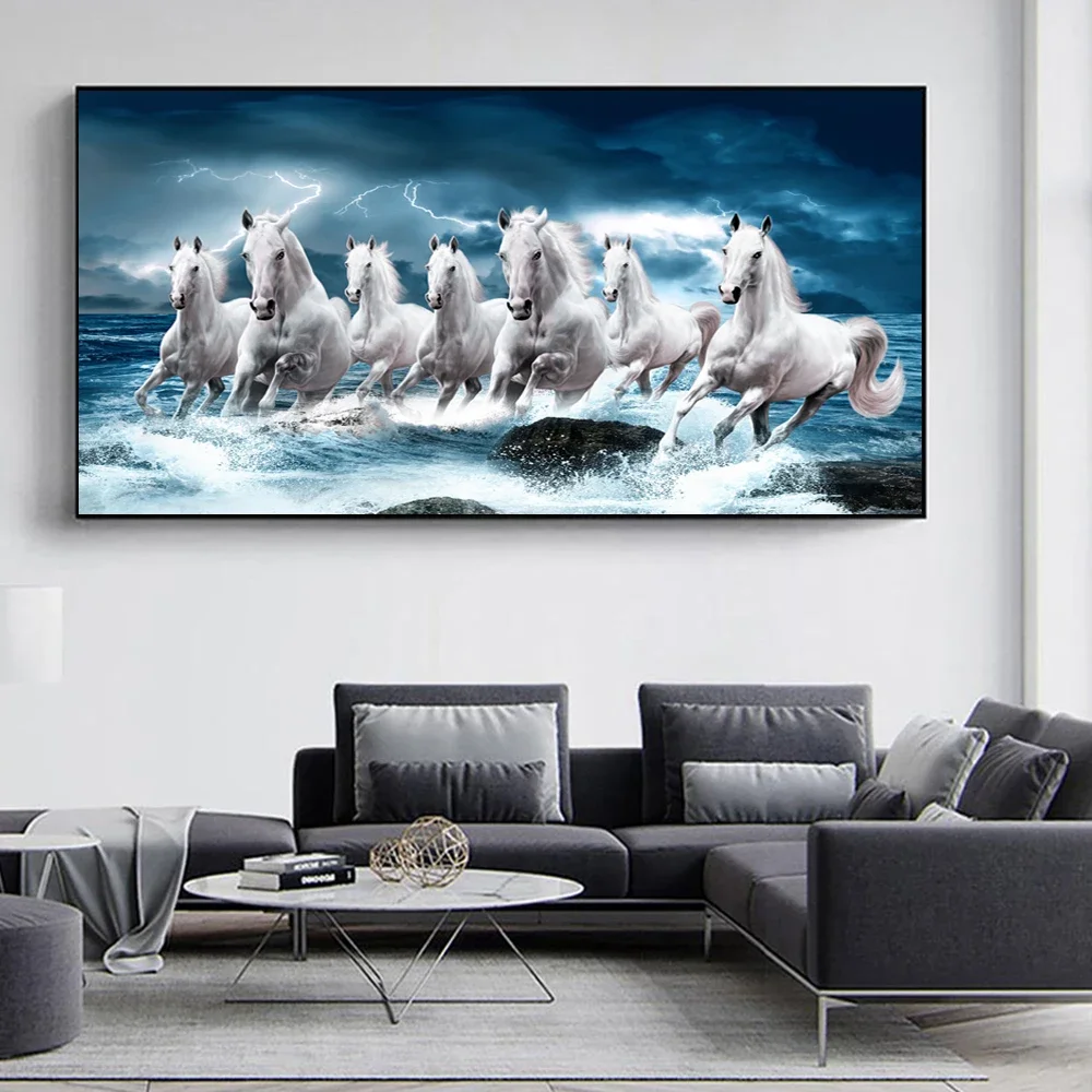 Multiple sizes 1pc frameless Large size Canvas Painting,7 White Running Horses Canvas Painting  Animal Posters and Prints Wall A