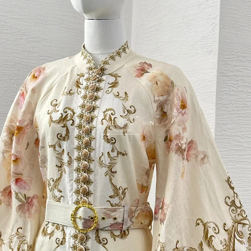 جديد البيج الحرير قطع الأبيض الأزهار طباعة فانوس كم الماس الدانتيل متابعة المرأة ميدي اللباس #6