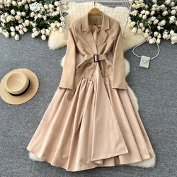 Chic Korean Slim Notched Collar Long Sleeve Asymmetrical Dress High Street Office Lady Vintage Women Autumn Winter Clothing