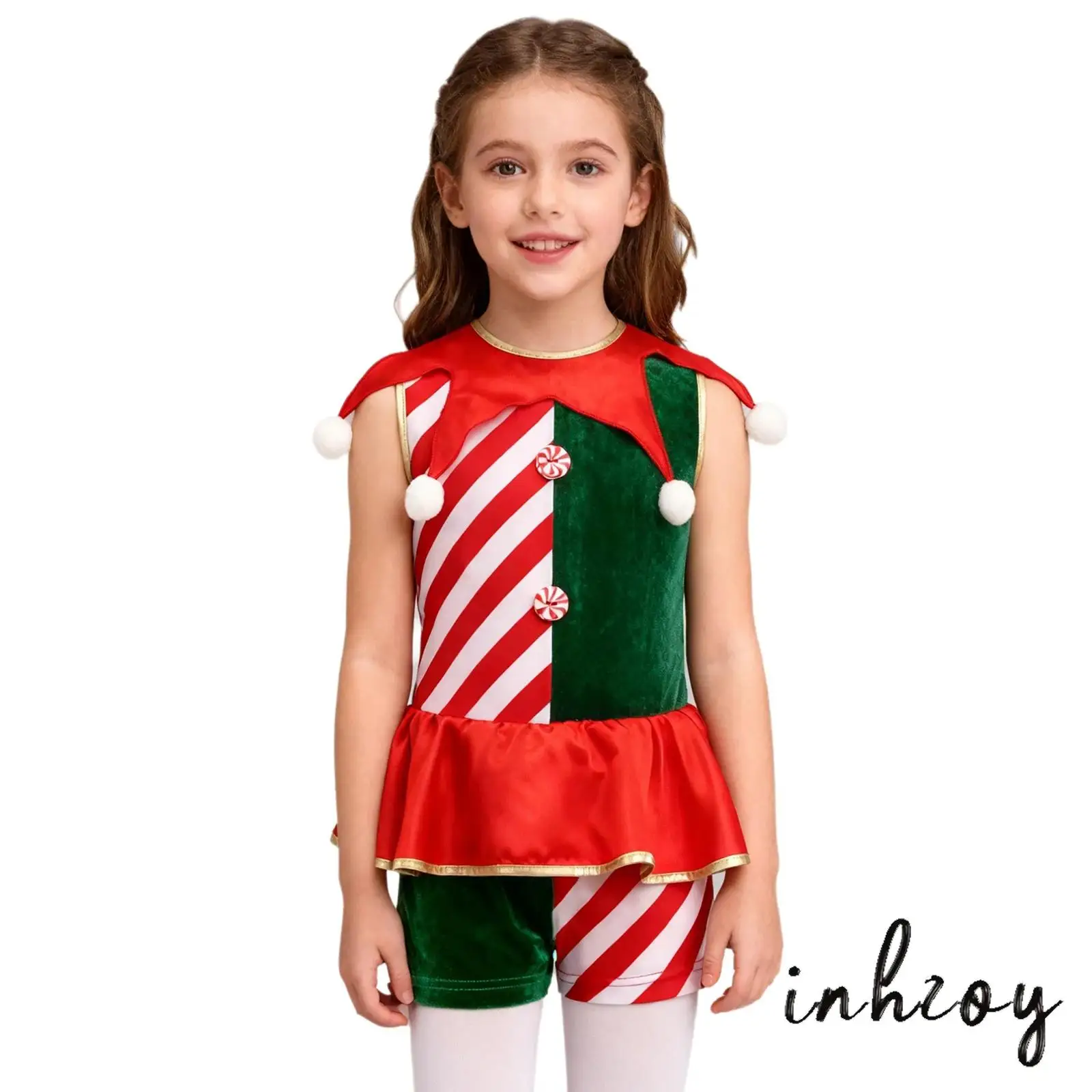 

Kids Boys Girls Christmas Costumes Sleeveless Pompoms Stripe Back Invisible Zipper Waist Ruffled Overlay Santa Claus Jumpsuit