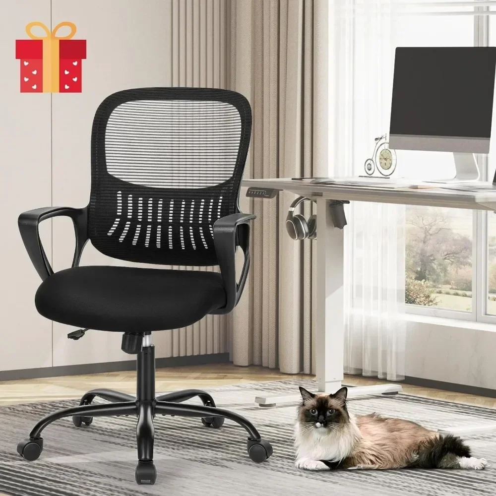 Silla de oficina, tarea giratoria de trabajo con ruedas, cómodo soporte lumbar, brazos cómodos para el hogar, sillas de escritorio negras