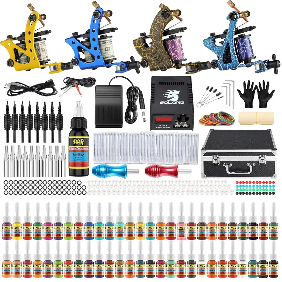 

Professional Solong Complete Tattoo Kit with 4 Pro Machine Guns 54 Ink Colors Power Supply Foot Pedal Needles Grips Tips and Du