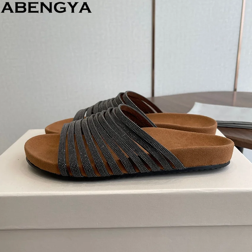 2026 New String Bead Flat Slippers Women Suede Leather Open Toe Slides Summer Holiday Beach Shoes For Women Slippers Sandals