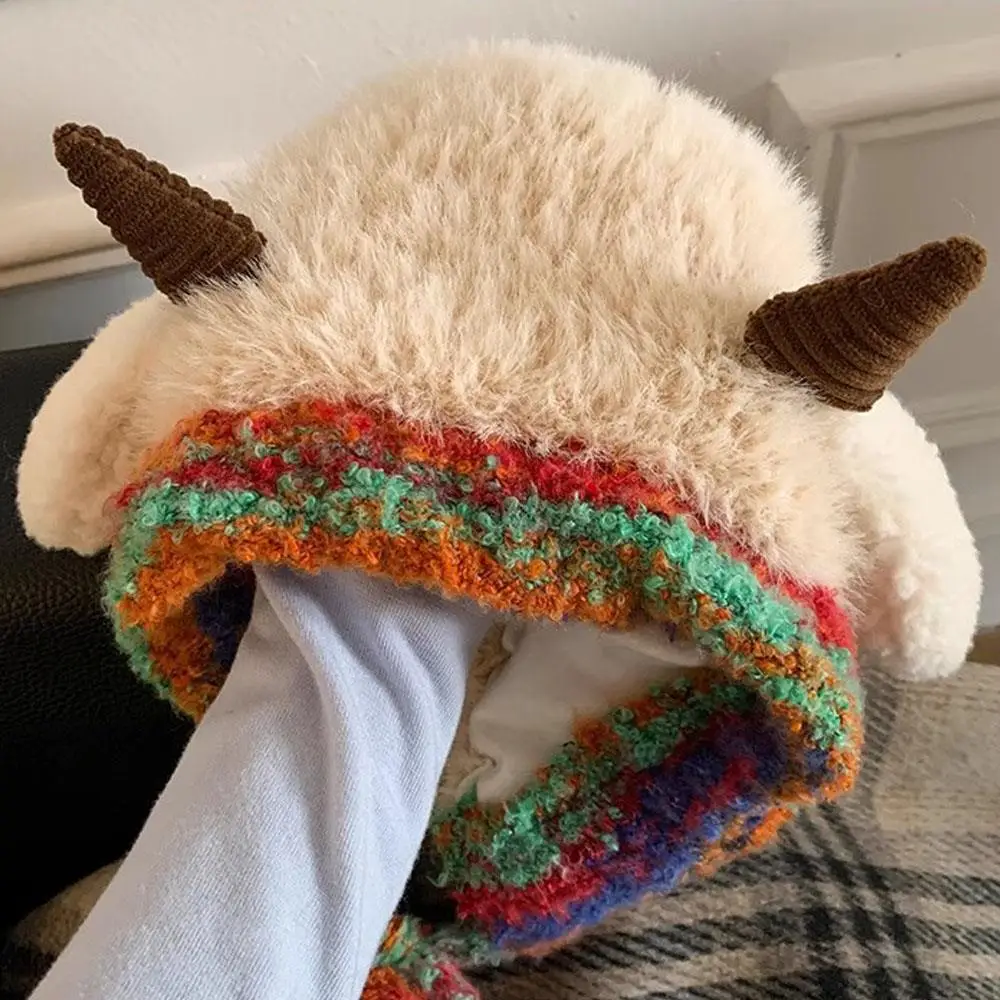 Berretti invernali in peluche Cartoon pecorelle Cappello soffice Caldo berretto lavorato a maglia con lacci Cofani da donna Cappelli pullover antivento stile Y2K