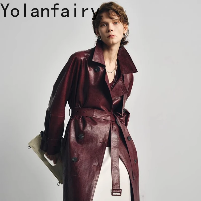 معطف خندق نسائي من الجلد الطبيعي للخريف من YOLANFAIRY طراز أحمر أنجورا مصنوع من جلد الضأن الخاص Duбlenка vrouwska 2025