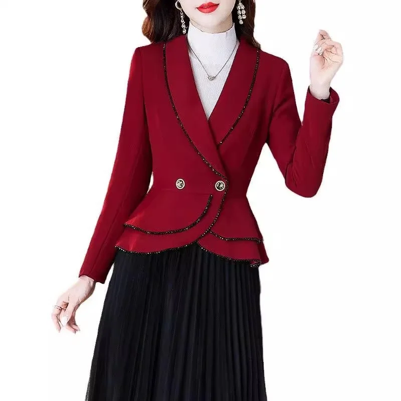 Chaqueta de traje corta para mujer, Blazer ajustado con una sola hebilla, diseño rojo vino, elegante, primavera y otoño, 2024