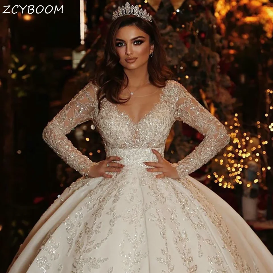 

Luxurious Sparkly Crystal Beaded Sequin O Neck Ball Gown Wedding Dresses 2024 Backless Court Train Tulle Bridal Gowns For Women