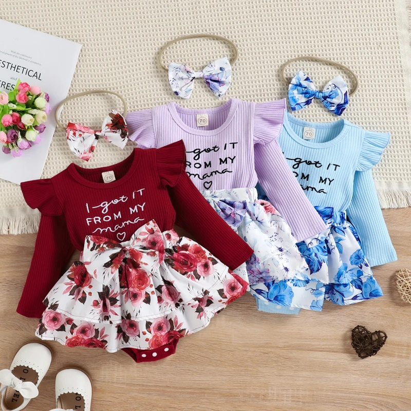 

Mildsown Infant Baby Girls Romper Dress Letter Embroidery Knitted Ribbed Floral Print Ruffles Tutu Bodysuits with Bow Headband