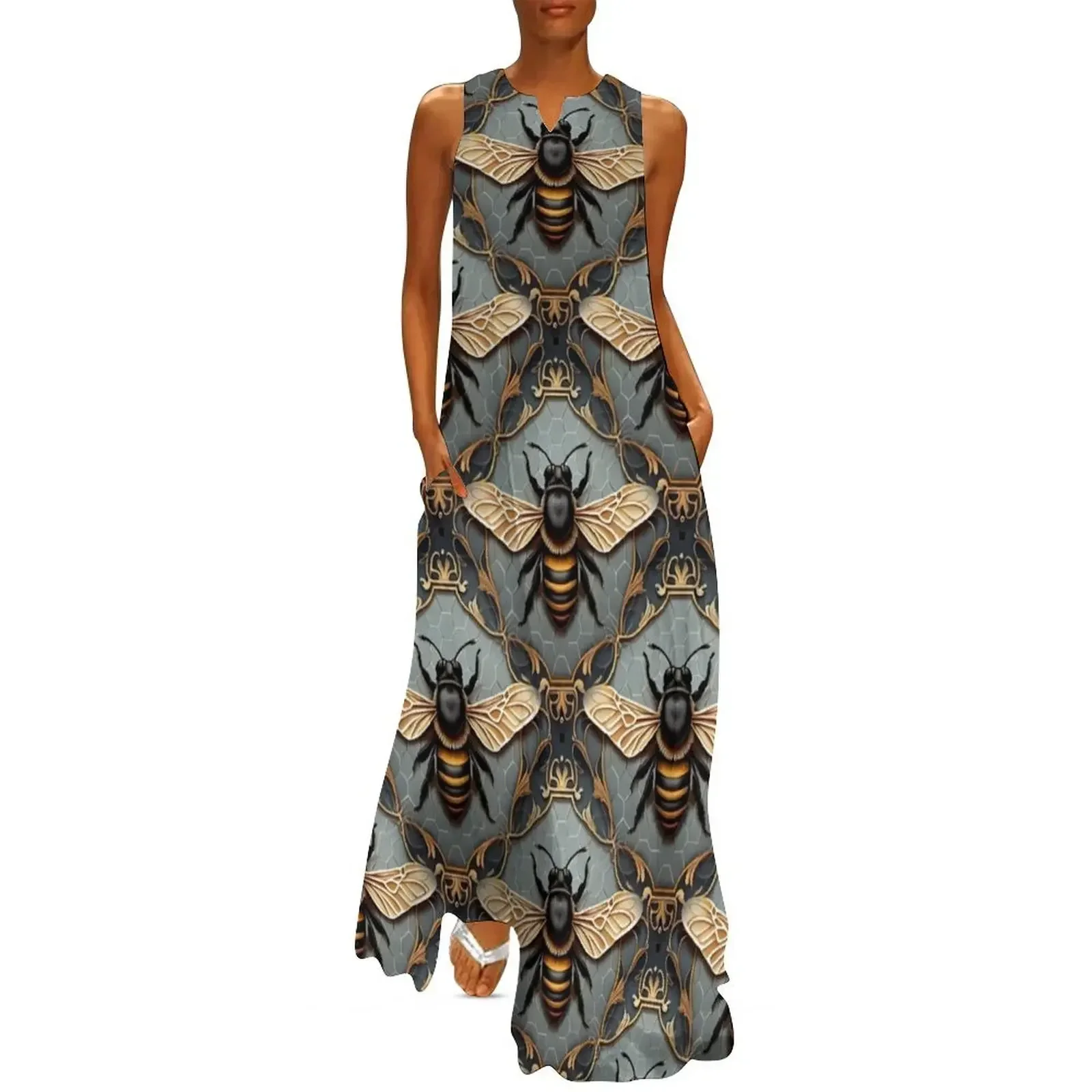 

Bee Tile Pattern Victorian Style Greys Black and Golds Long Dress party dresses women purple dress Long veiled dresses Dress