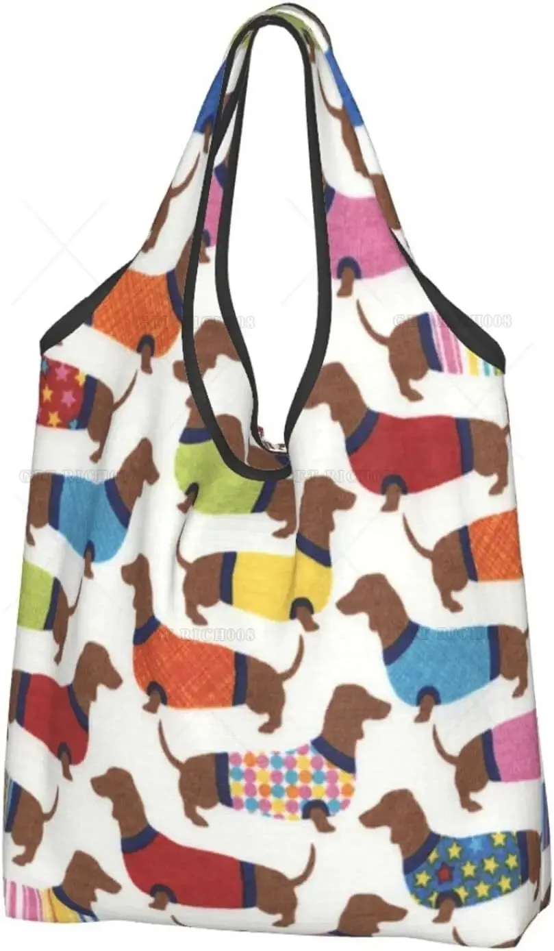 Dachshunds Wearing Sweaters Xmas Gift Shopping Bags Washable Foldable Carry Pouch Tote Gift Bags Durable No Zipper Fashion